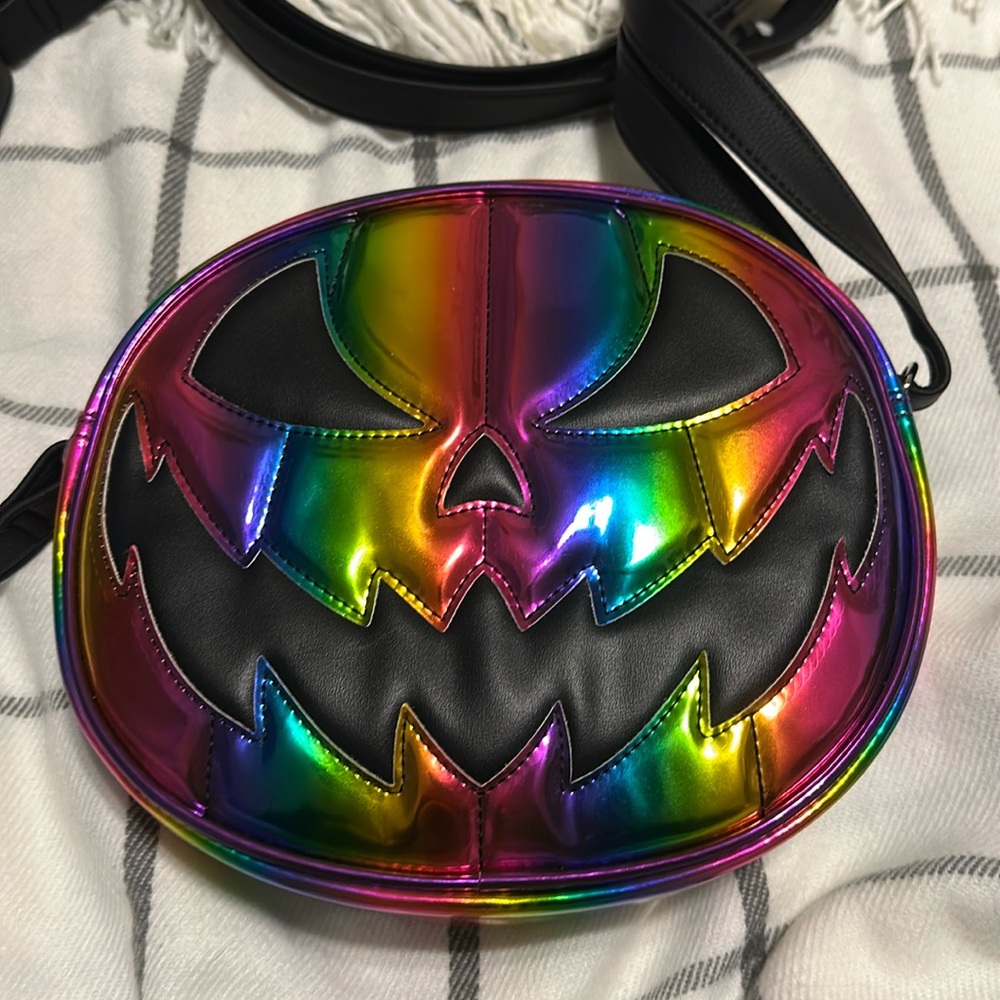Love Pain and Stitches Pumpkin Kult Crossbody Purse, Rainbow and Black